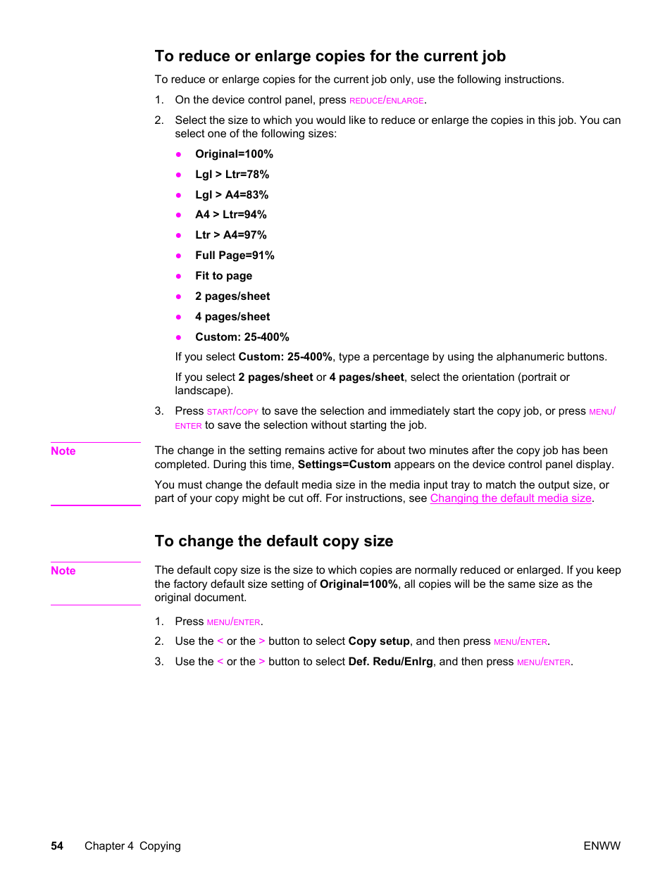To reduce or enlarge copies for the current job, To change the default copy size | HP LaserJet 3020 All-in-One Printer User Manual | Page 64 / 182