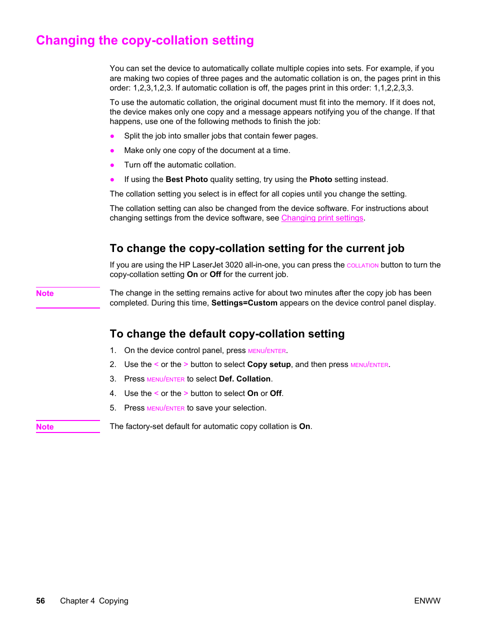 Changing the copy-collation setting, To change the default copy-collation setting | HP LaserJet 3020 All-in-One Printer User Manual | Page 66 / 182