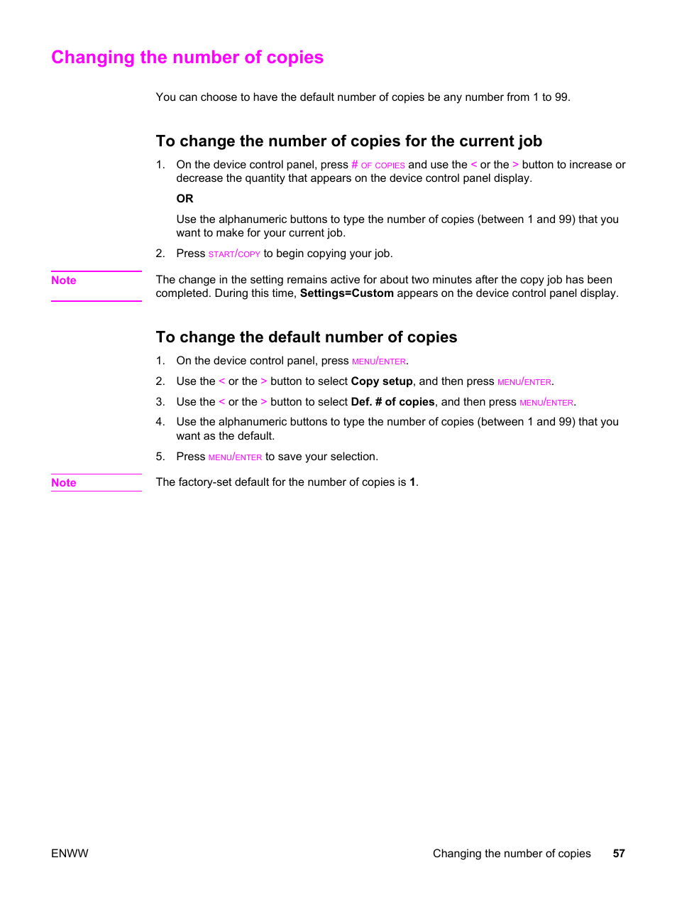 Changing the number of copies, To change the number of copies for the current job, To change the default number of copies | HP LaserJet 3020 All-in-One Printer User Manual | Page 67 / 182