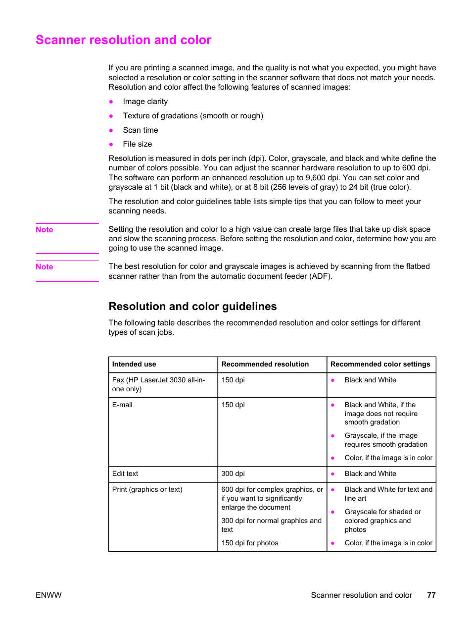 Scanner resolution and color, Resolution and color guidelines | HP LaserJet 3020 All-in-One Printer User Manual | Page 87 / 182