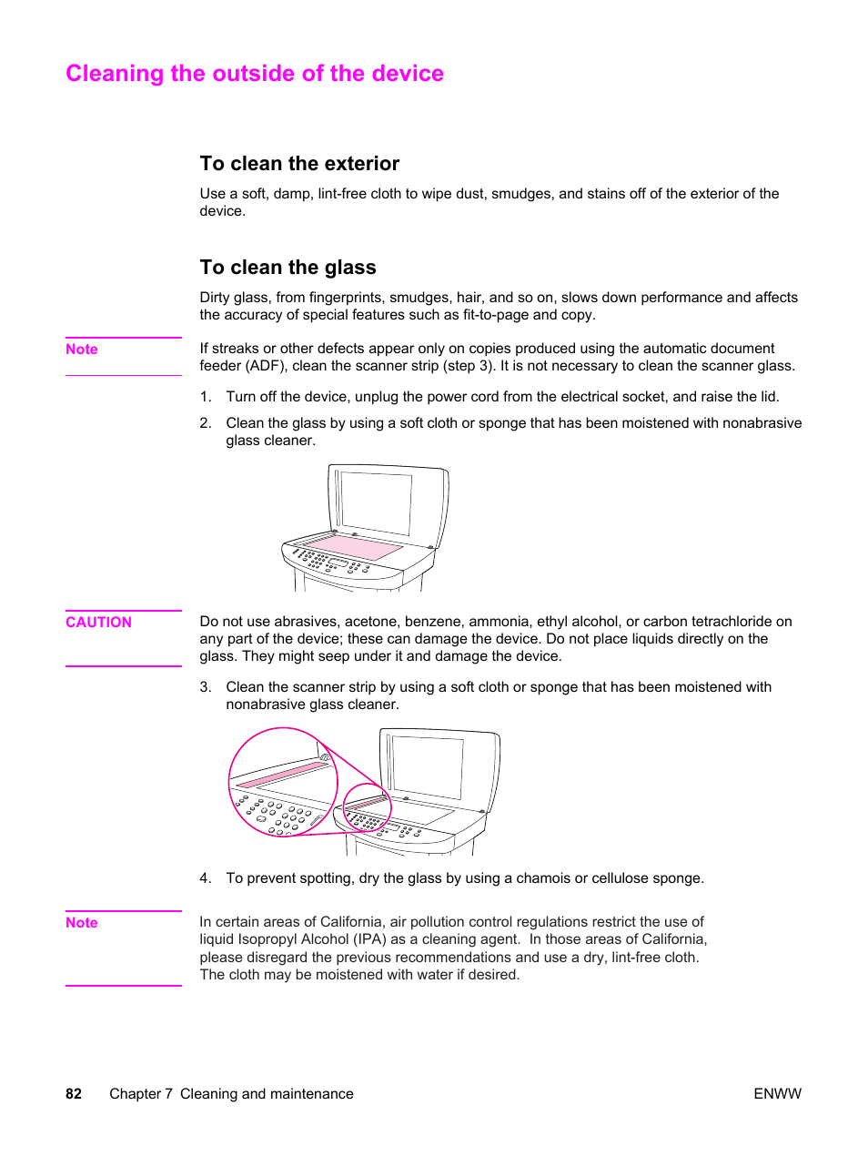 Cleaning the outside of the device, To clean the exterior, To clean the glass | To clean the exterior to clean the glass | HP LaserJet 3020 All-in-One Printer User Manual | Page 92 / 182
