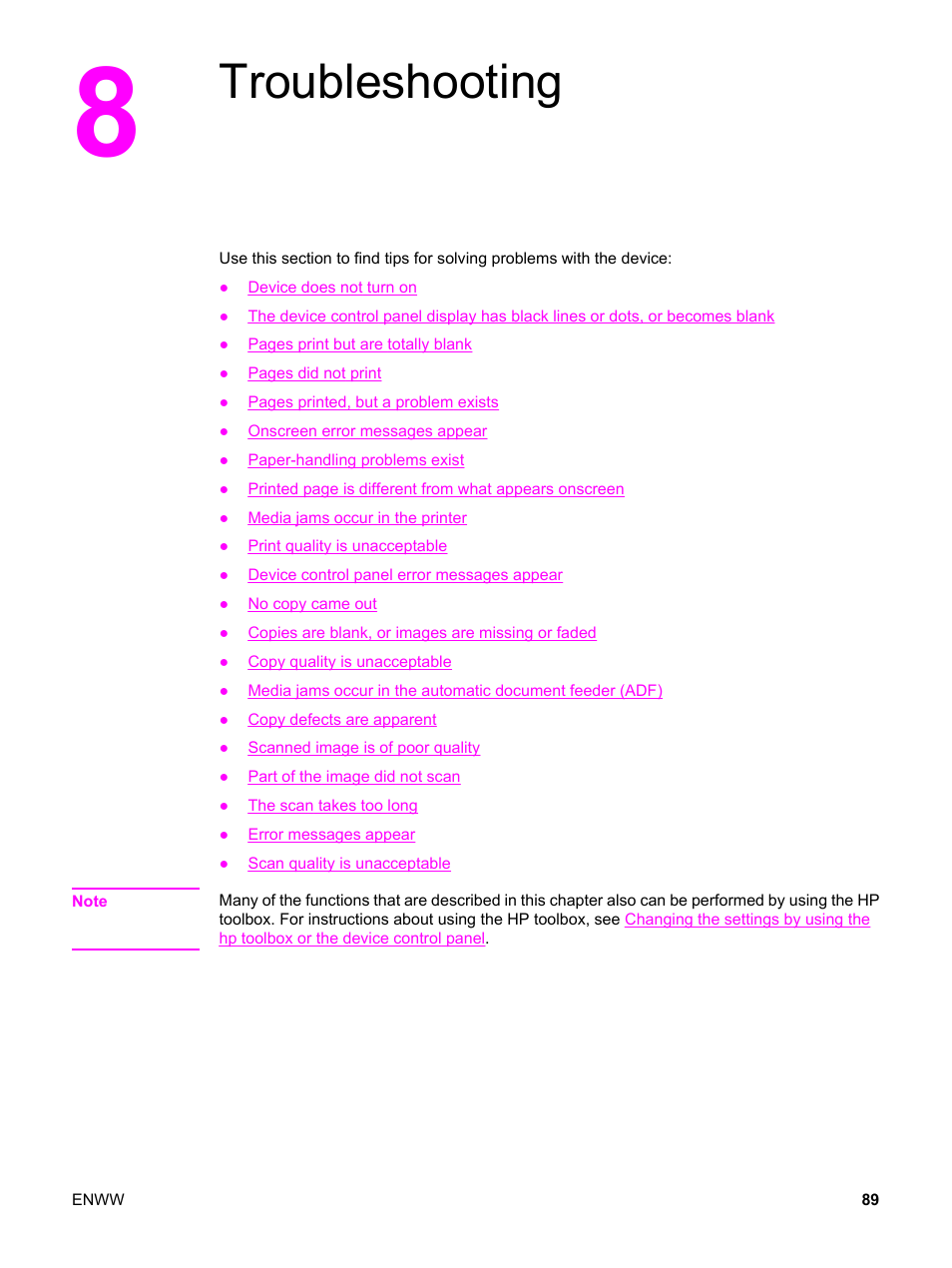Troubleshooting, 8 troubleshooting | HP LaserJet 3020 All-in-One Printer User Manual | Page 99 / 182