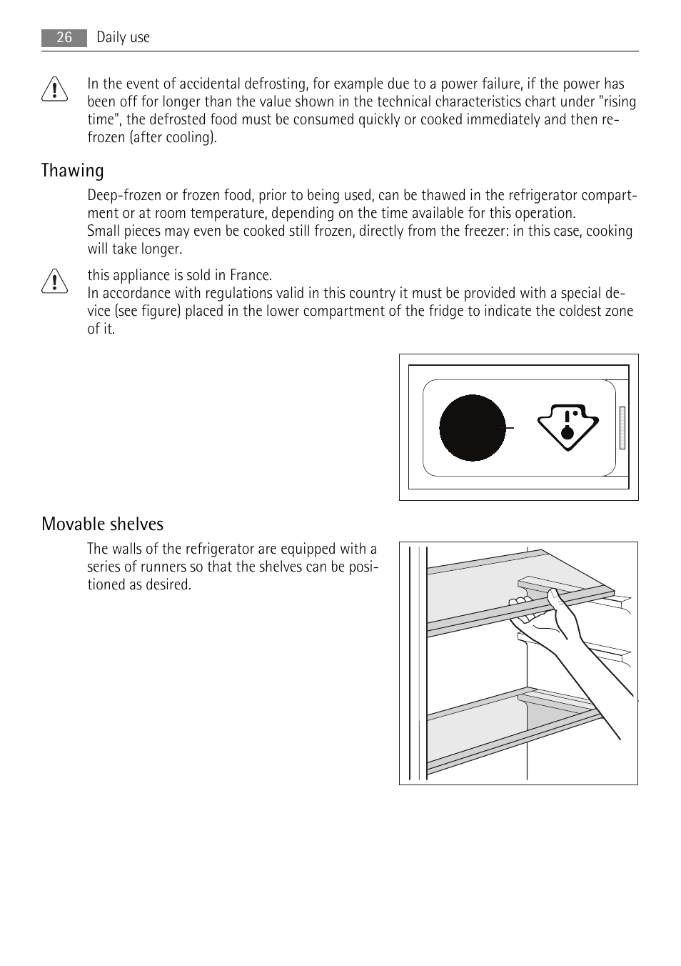 Thawing, Movable shelves | AEG SKS68240F0 User Manual | Page 26 / 76