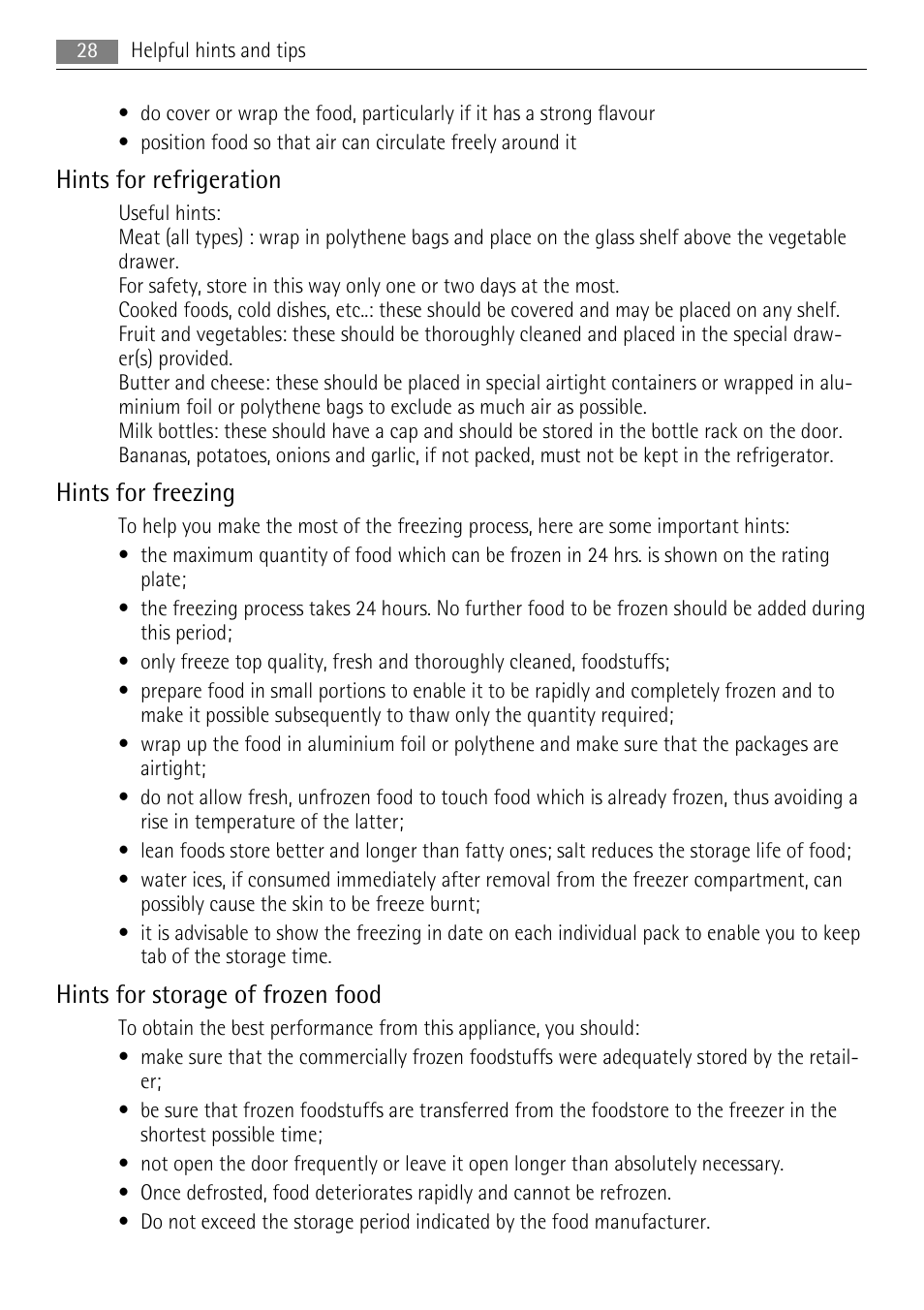 Hints for refrigeration, Hints for freezing, Hints for storage of frozen food | AEG SKS68240F0 User Manual | Page 28 / 76