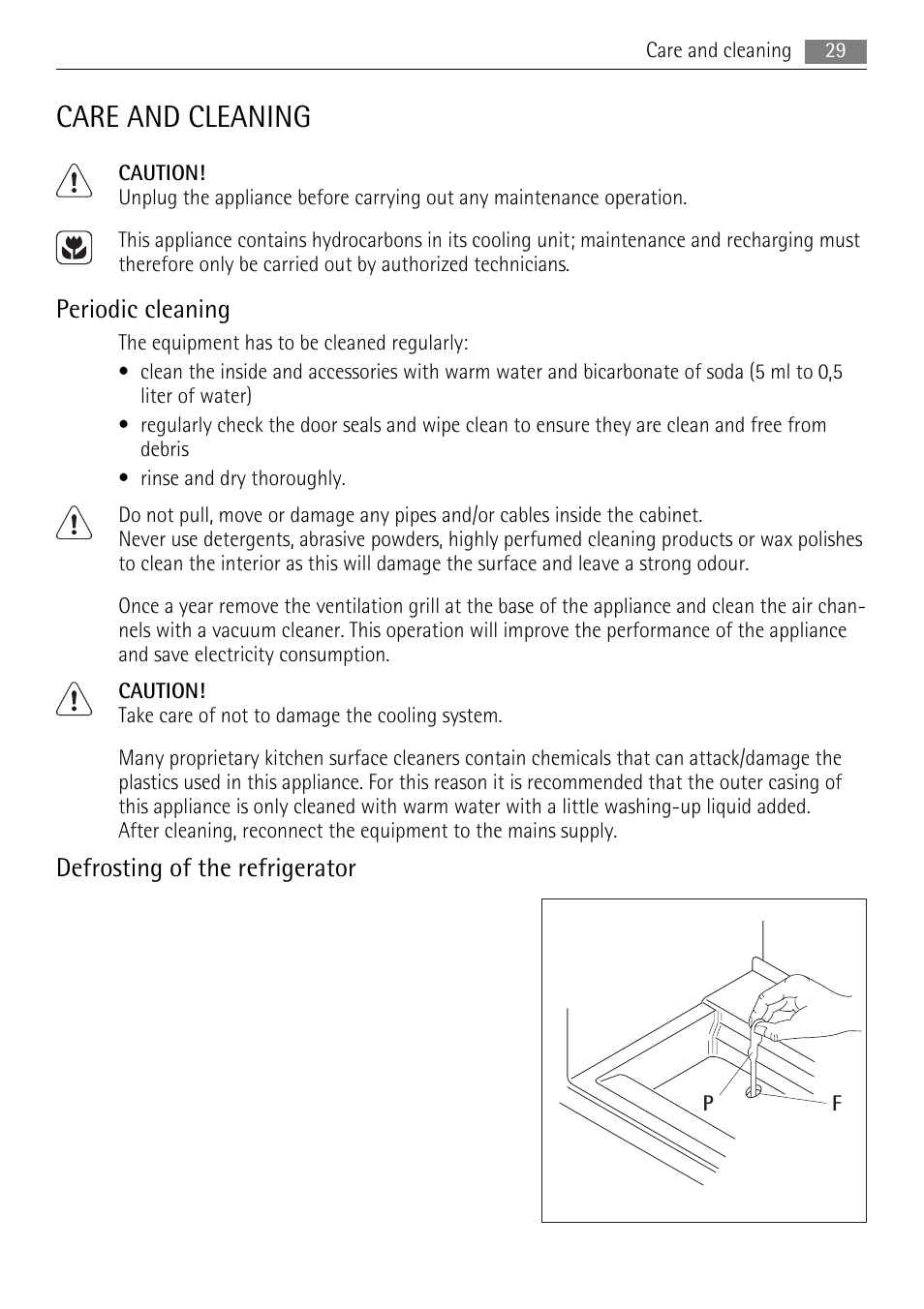 Care and cleaning, Periodic cleaning, Defrosting of the refrigerator | AEG SKS68240F0 User Manual | Page 29 / 76