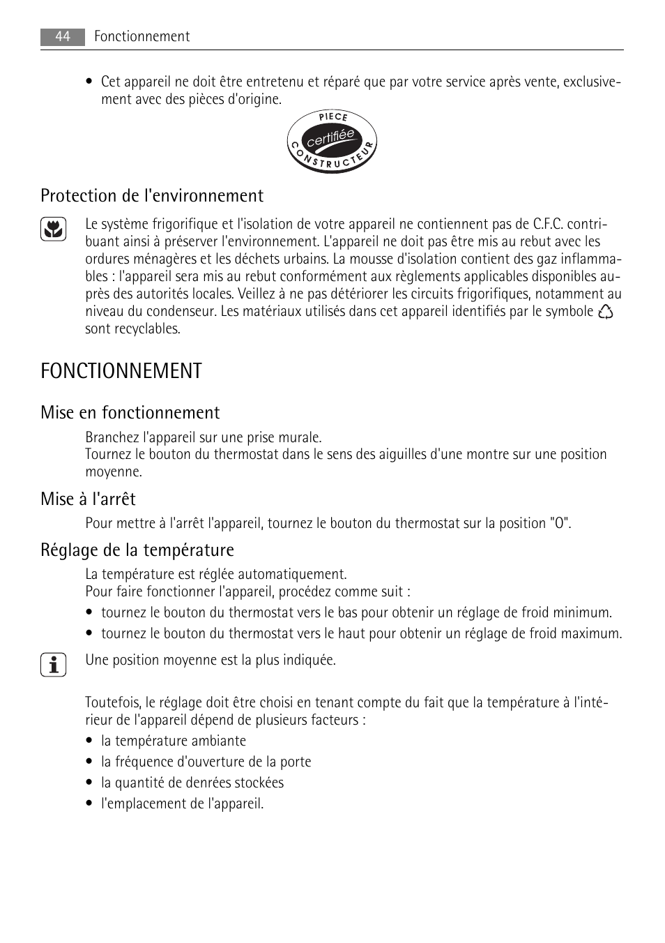 Fonctionnement, Protection de l'environnement, Mise en fonctionnement | Mise à l'arrêt, Réglage de la température | AEG SKS68240F0 User Manual | Page 44 / 76