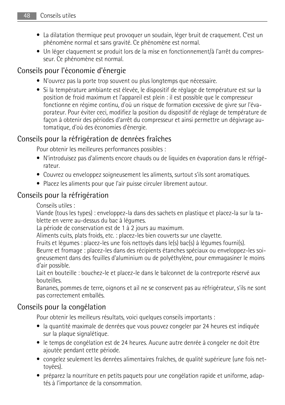 Conseils pour l'économie d'énergie, Conseils pour la réfrigération de denrées fraîches, Conseils pour la réfrigération | Conseils pour la congélation | AEG SKS68240F0 User Manual | Page 48 / 76