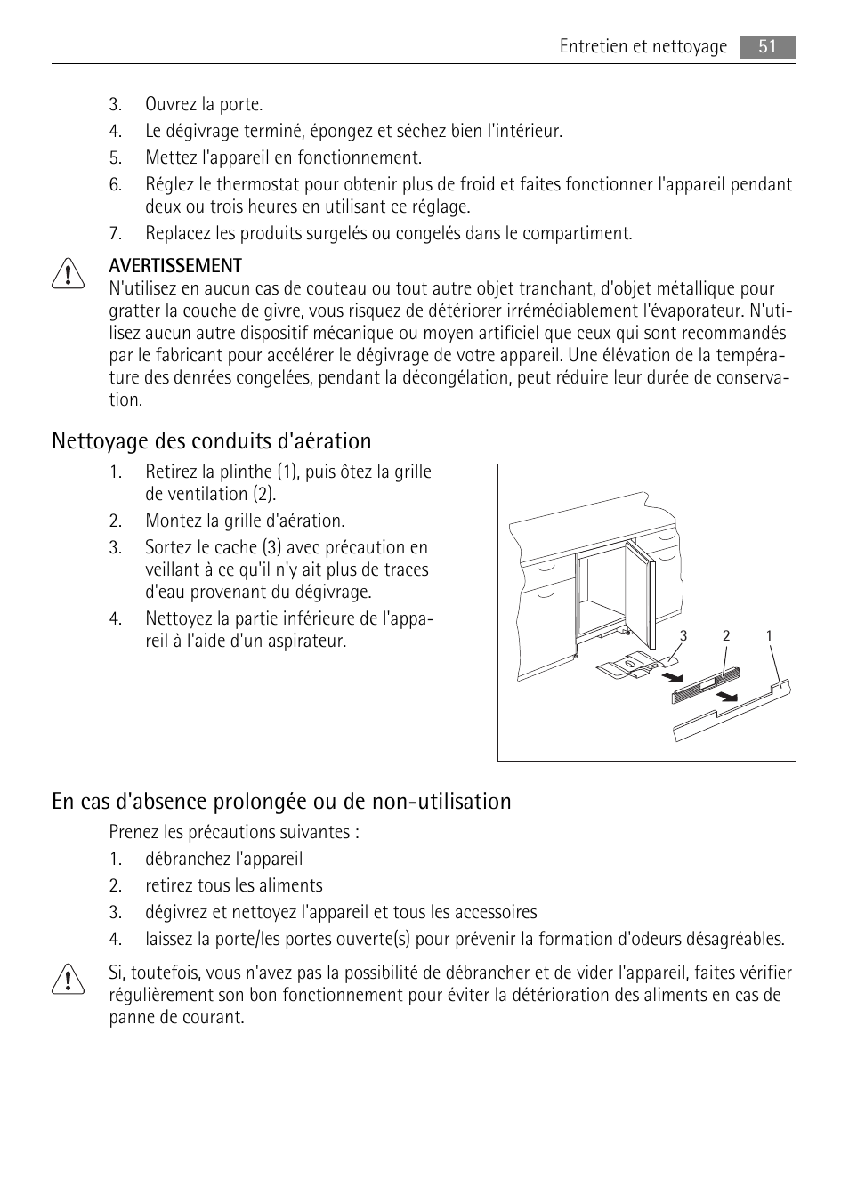 Nettoyage des conduits d'aération, En cas d'absence prolongée ou de non-utilisation | AEG SKS68240F0 User Manual | Page 51 / 76