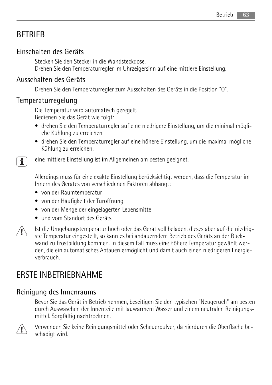 Betrieb, Erste inbetriebnahme, Einschalten des geräts | Ausschalten des geräts, Temperaturregelung, Reinigung des innenraums | AEG SKS68240F0 User Manual | Page 63 / 76