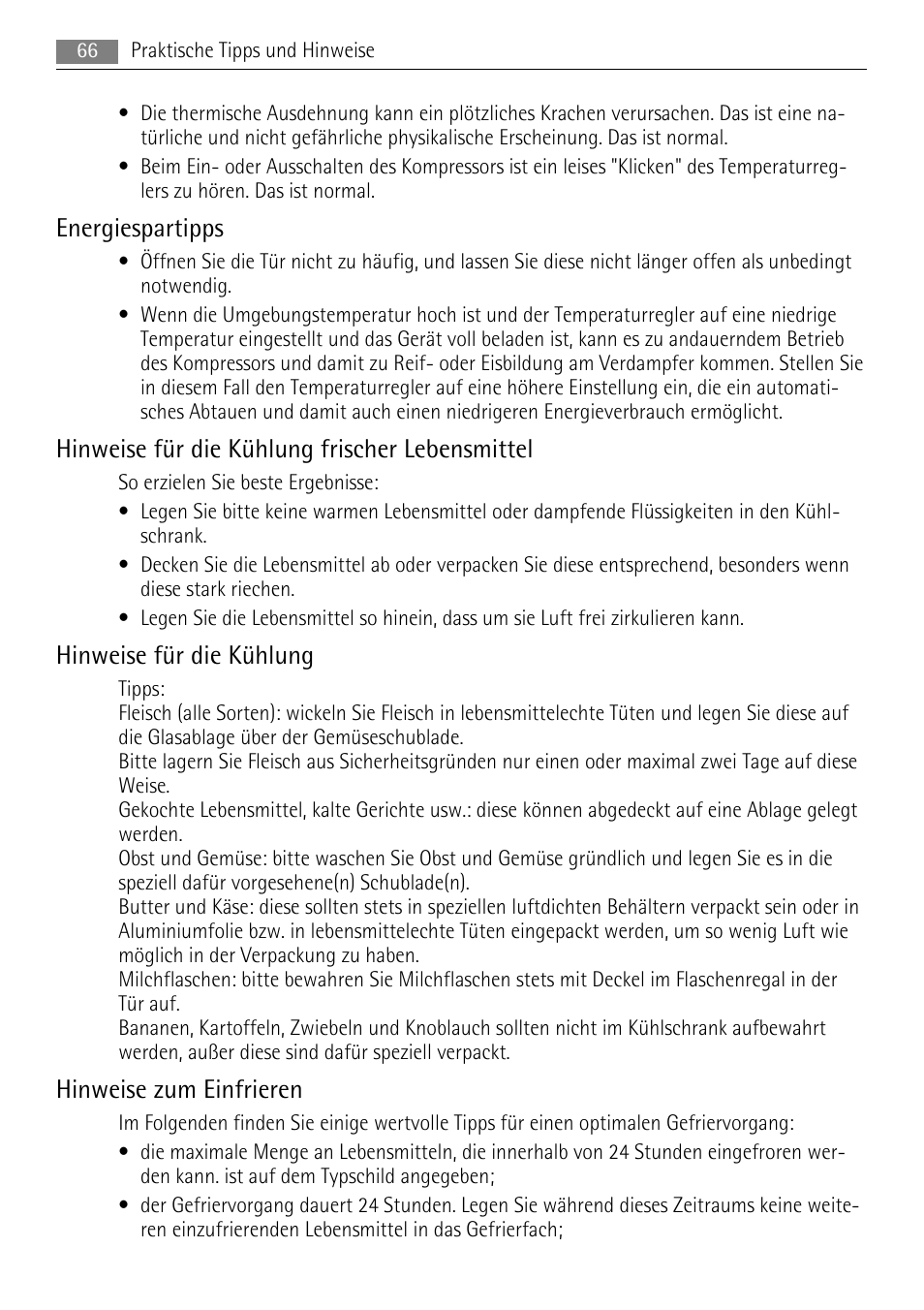 Energiespartipps, Hinweise für die kühlung frischer lebensmittel, Hinweise für die kühlung | Hinweise zum einfrieren | AEG SKS68240F0 User Manual | Page 66 / 76