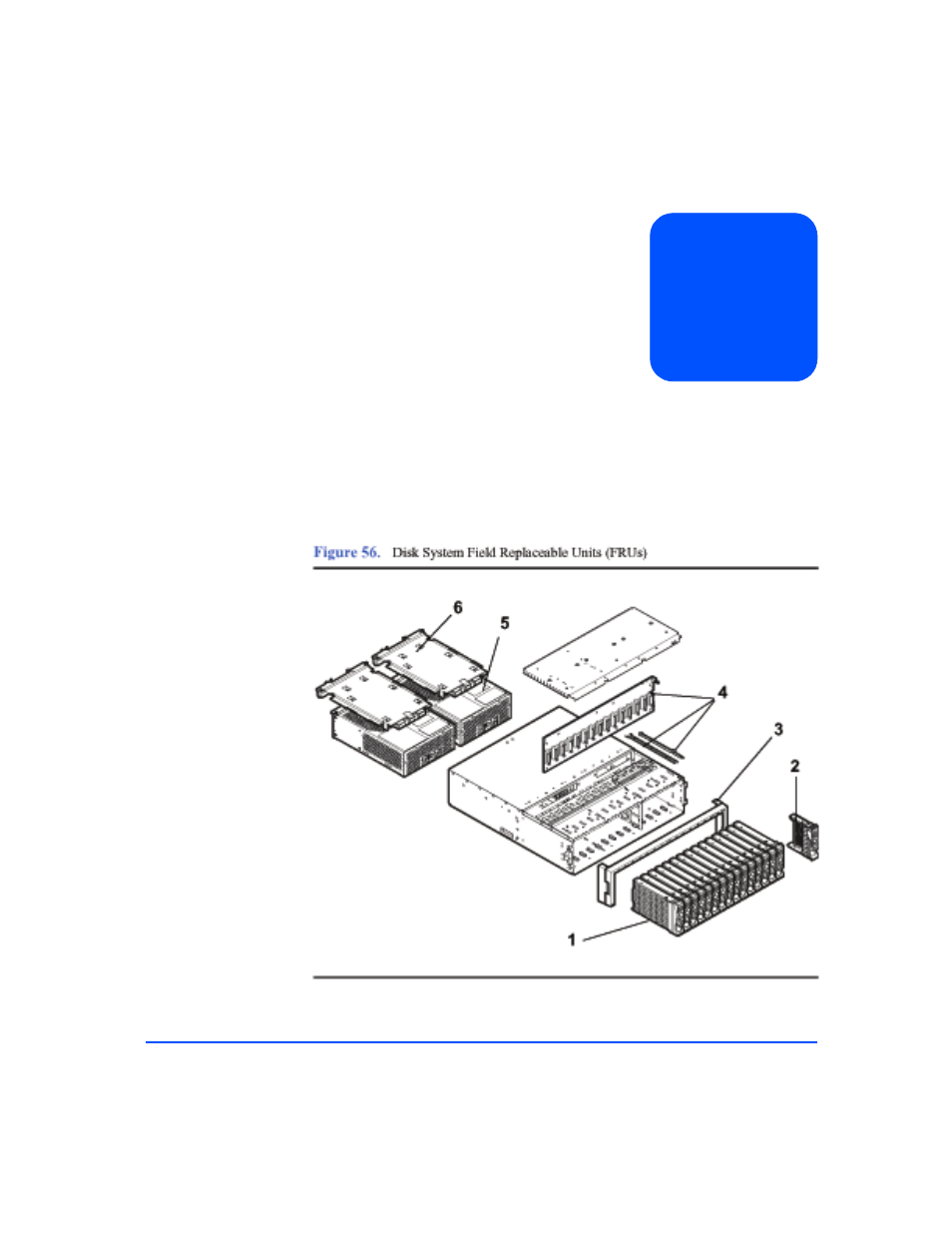 Removal and replacement, Removal and replacement 109, Figure 56 | Disk system field replaceable units (frus) 109 | HP StorageWorks 2405 Disk System User Manual | Page 109 / 144