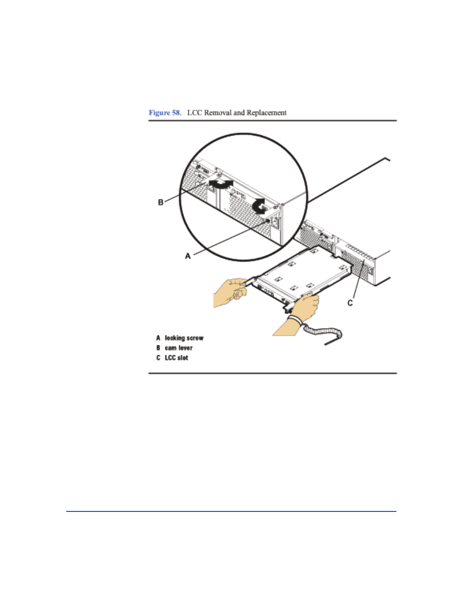 Figure 58, Lcc removal and replacement 118 | HP StorageWorks 2405 Disk System User Manual | Page 118 / 144
