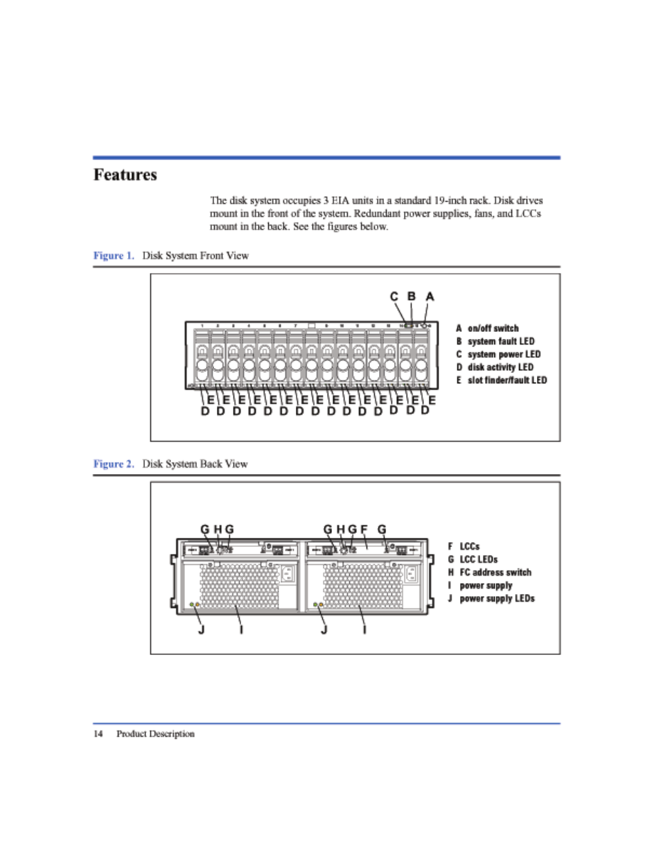 Features, Features 14, Figure 1 | Disk system front view 14, Figure 2, Disk system back view 14 | HP StorageWorks 2405 Disk System User Manual | Page 14 / 144