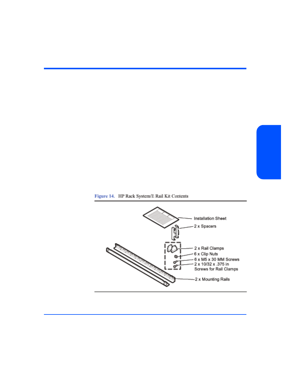 Step 3: install the device, Installing the storage device into a rack system/e, Step 3: install the device 41 | Figure 14, Hp rack system/e rail kit contents 41 | HP StorageWorks 2405 Disk System User Manual | Page 41 / 144