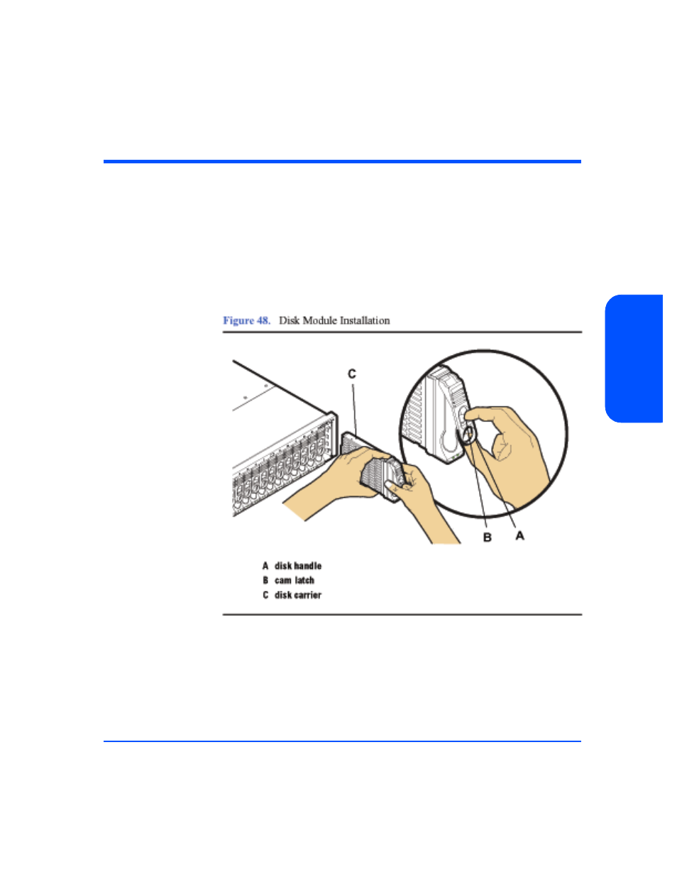 Step 7: install disk modules, Step 7: install disk modules 75, Figure 48 | Disk module installation 75 | HP StorageWorks 2405 Disk System User Manual | Page 75 / 144