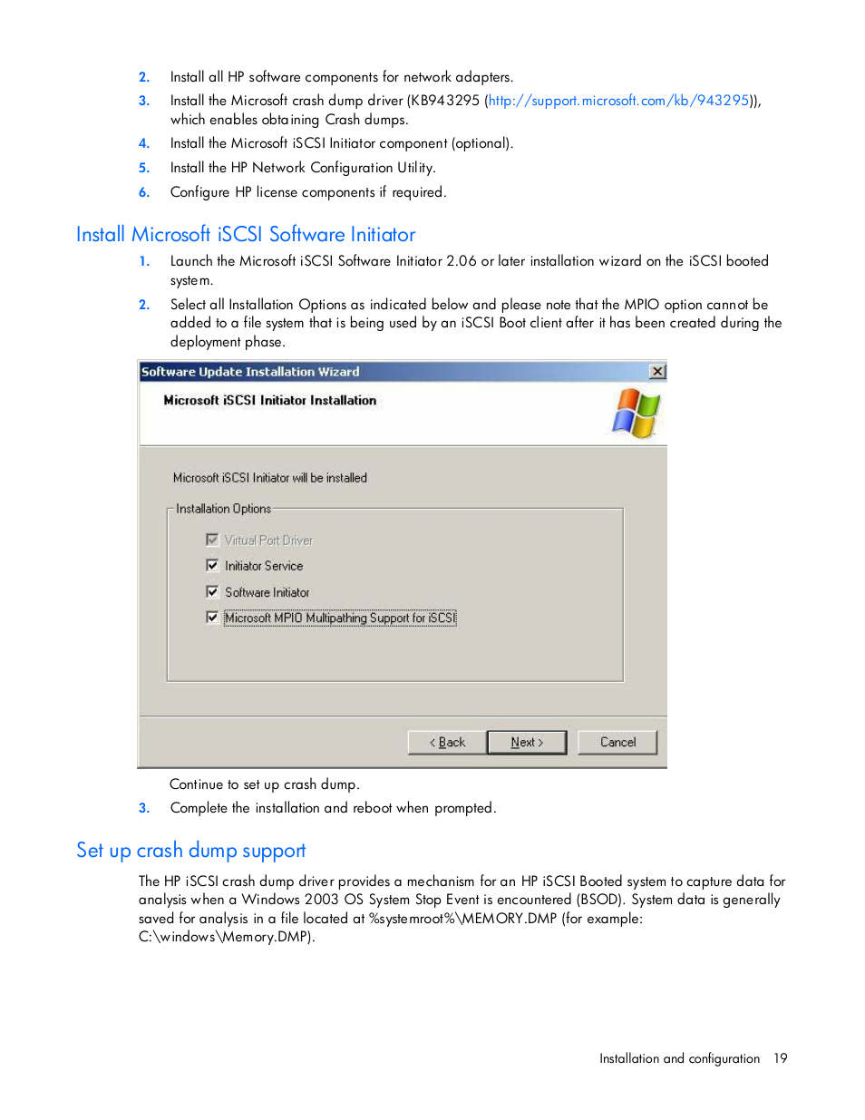 Install microsoft iscsi software initiator, Set up crash dump support | HP NC374m PCI Express Dual Port Multifunction Gigabit Server Adapter User Manual | Page 19 / 26