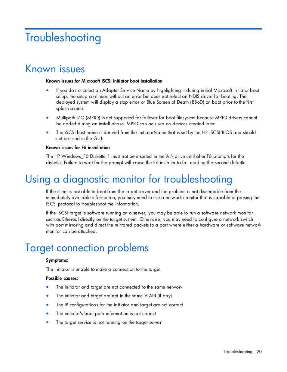 Troubleshooting, Known issues, Using a diagnostic monitor for troubleshooting | Target connection problems | HP NC374m PCI Express Dual Port Multifunction Gigabit Server Adapter User Manual | Page 20 / 26