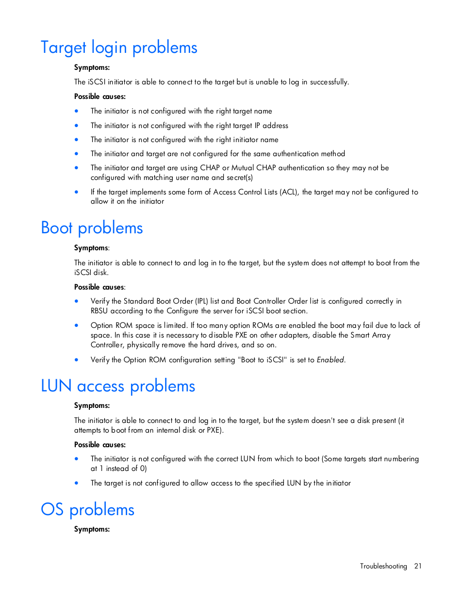 Target login problems, Boot problems, Lun access problems | Os problems | HP NC374m PCI Express Dual Port Multifunction Gigabit Server Adapter User Manual | Page 21 / 26