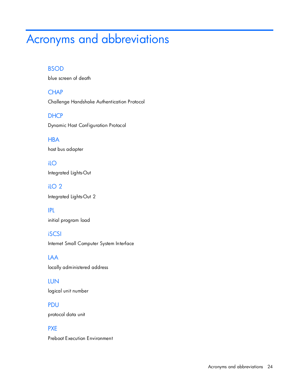 Acronyms and abbreviations | HP NC374m PCI Express Dual Port Multifunction Gigabit Server Adapter User Manual | Page 24 / 26