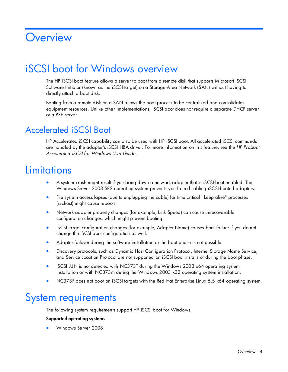 Overview, Iscsi boot for windows overview, Accelerated iscsi boot | Limitations, System requirements | HP NC374m PCI Express Dual Port Multifunction Gigabit Server Adapter User Manual | Page 4 / 26