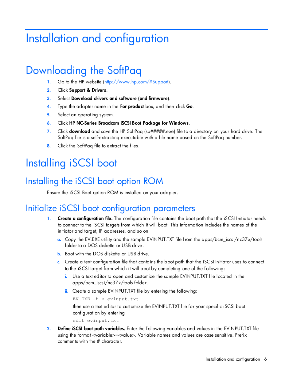 Installation and configuration, Downloading the softpaq, Installing iscsi boot | Installing the iscsi boot option rom, Initialize iscsi boot configuration parameters | HP NC374m PCI Express Dual Port Multifunction Gigabit Server Adapter User Manual | Page 6 / 26