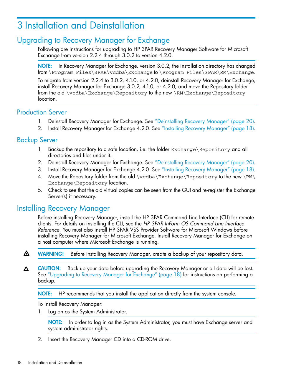 3 installation and deinstallation, Upgrading to recovery manager for exchange, Production server | Backup server, Installing recovery manager, Production server backup server | HP 3PAR Recovery Manager Software for VMware vSphere Licenses User Manual | Page 18 / 119