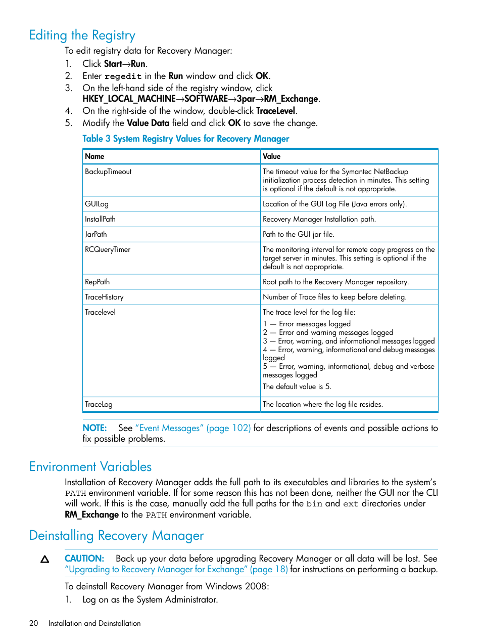 Editing the registry, Environment variables, Deinstalling recovery manager | HP 3PAR Recovery Manager Software for VMware vSphere Licenses User Manual | Page 20 / 119