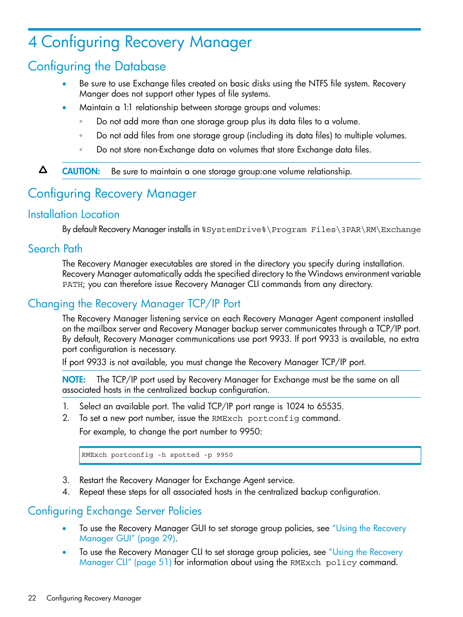 4 configuring recovery manager, Configuring the database, Configuring recovery manager | Installation location, Search path, Changing the recovery manager tcp/ip port, Configuring exchange server policies, Configuring recovery | HP 3PAR Recovery Manager Software for VMware vSphere Licenses User Manual | Page 22 / 119