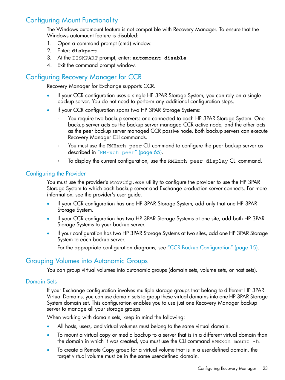 Configuring mount functionality, Configuring recovery manager for ccr, Configuring the provider | Grouping volumes into autonomic groups, Domain sets | HP 3PAR Recovery Manager Software for VMware vSphere Licenses User Manual | Page 23 / 119