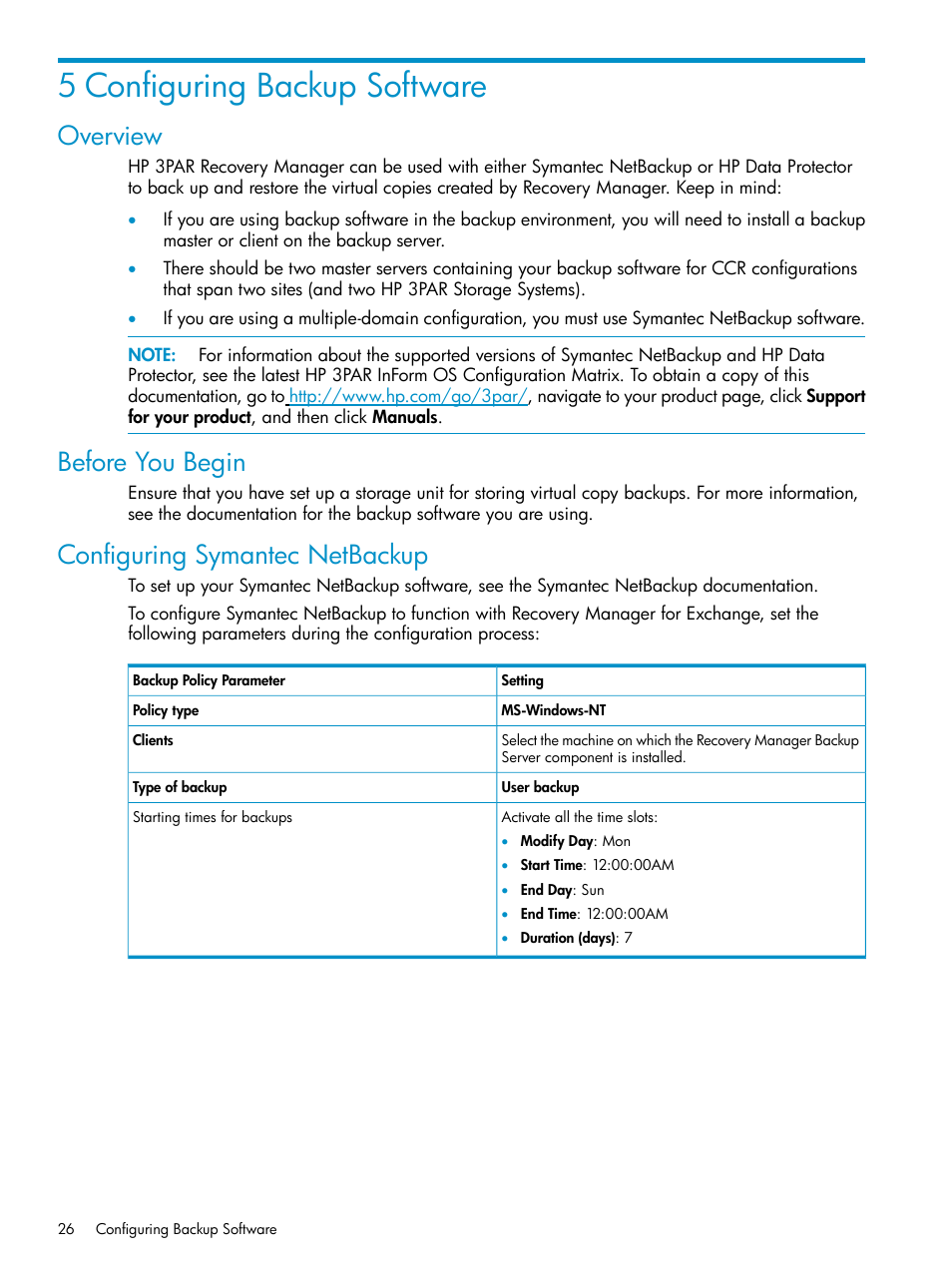 5 configuring backup software, Overview, Before you begin | Configuring symantec netbackup | HP 3PAR Recovery Manager Software for VMware vSphere Licenses User Manual | Page 26 / 119
