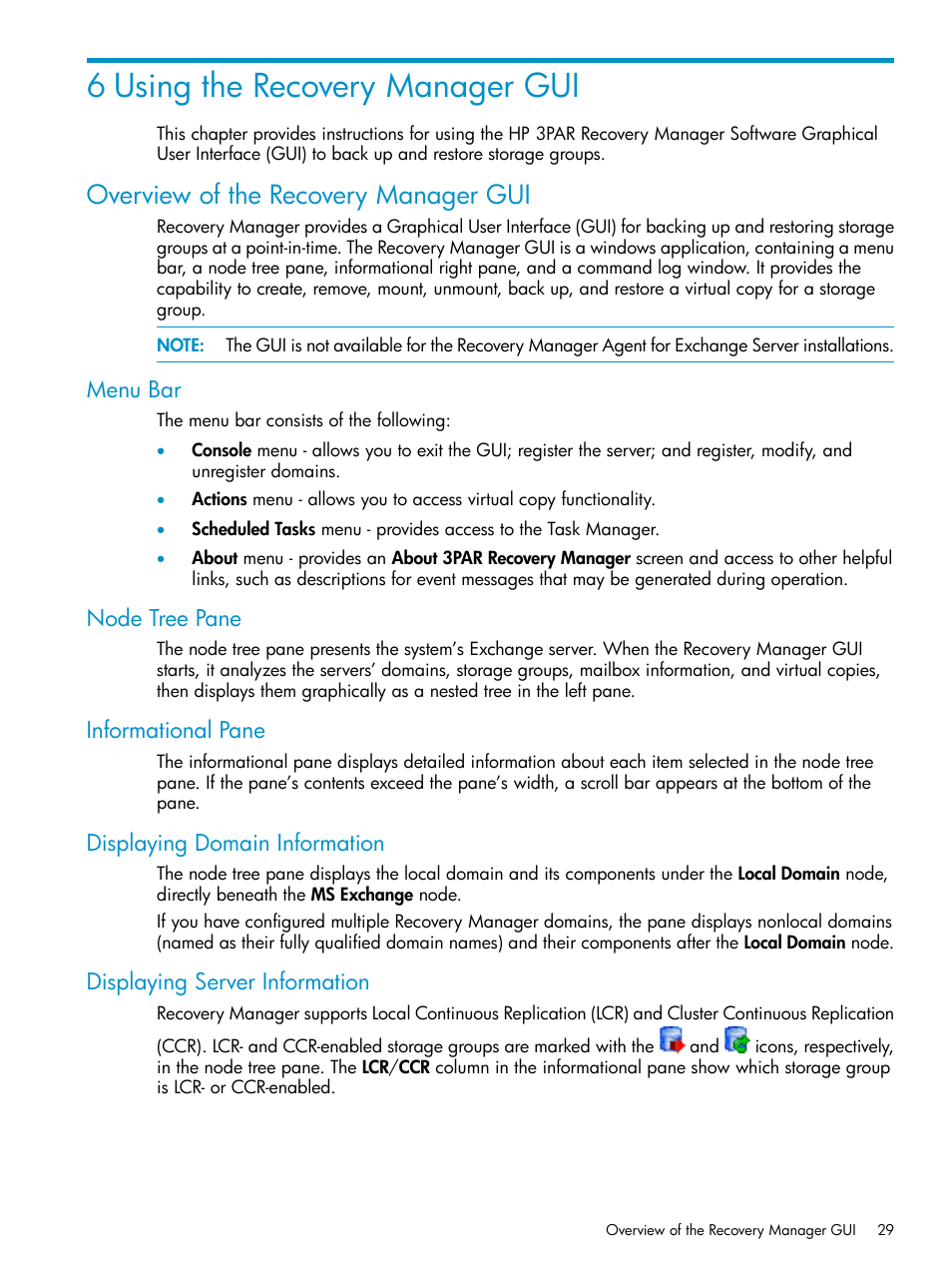 6 using the recovery manager gui, Overview of the recovery manager gui, Menu bar | Node tree pane, Informational pane, Displaying domain information, Displaying server information, Using the recovery | HP 3PAR Recovery Manager Software for VMware vSphere Licenses User Manual | Page 29 / 119