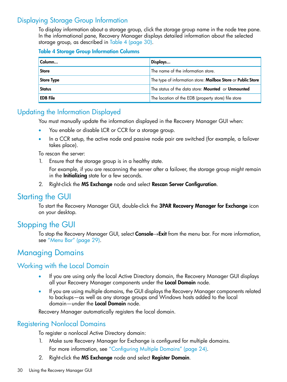 Displaying storage group information, Updating the information displayed, Starting the gui | Stopping the gui, Managing domains, Working with the local domain, Registering nonlocal domains, Starting the gui stopping the gui managing domains | HP 3PAR Recovery Manager Software for VMware vSphere Licenses User Manual | Page 30 / 119