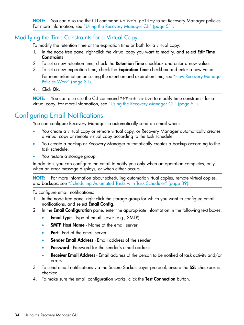 Modifying the time constraints for a virtual copy, Configuring email notifications | HP 3PAR Recovery Manager Software for VMware vSphere Licenses User Manual | Page 34 / 119