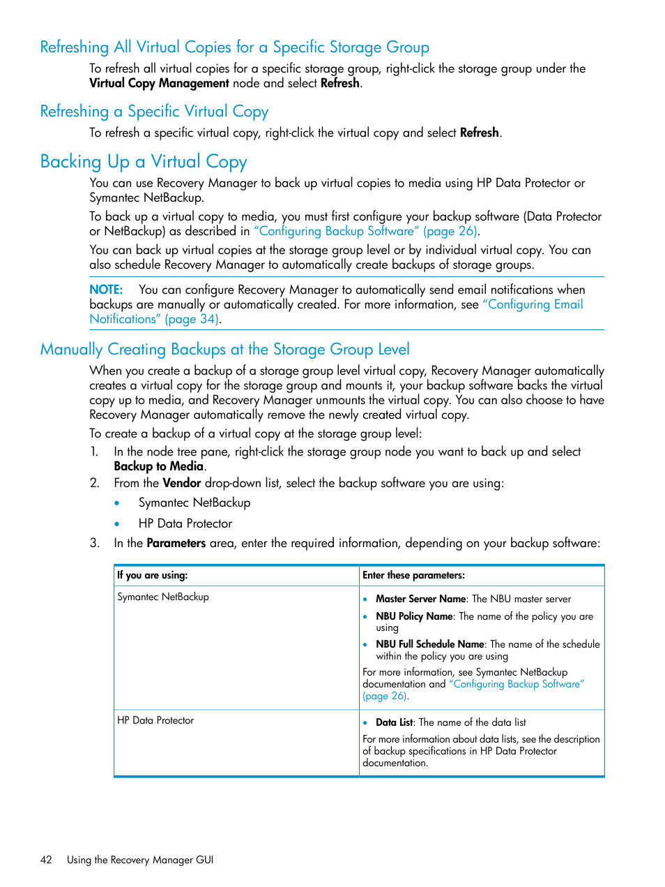 Refreshing a specific virtual copy, Backing up a virtual copy | HP 3PAR Recovery Manager Software for VMware vSphere Licenses User Manual | Page 42 / 119