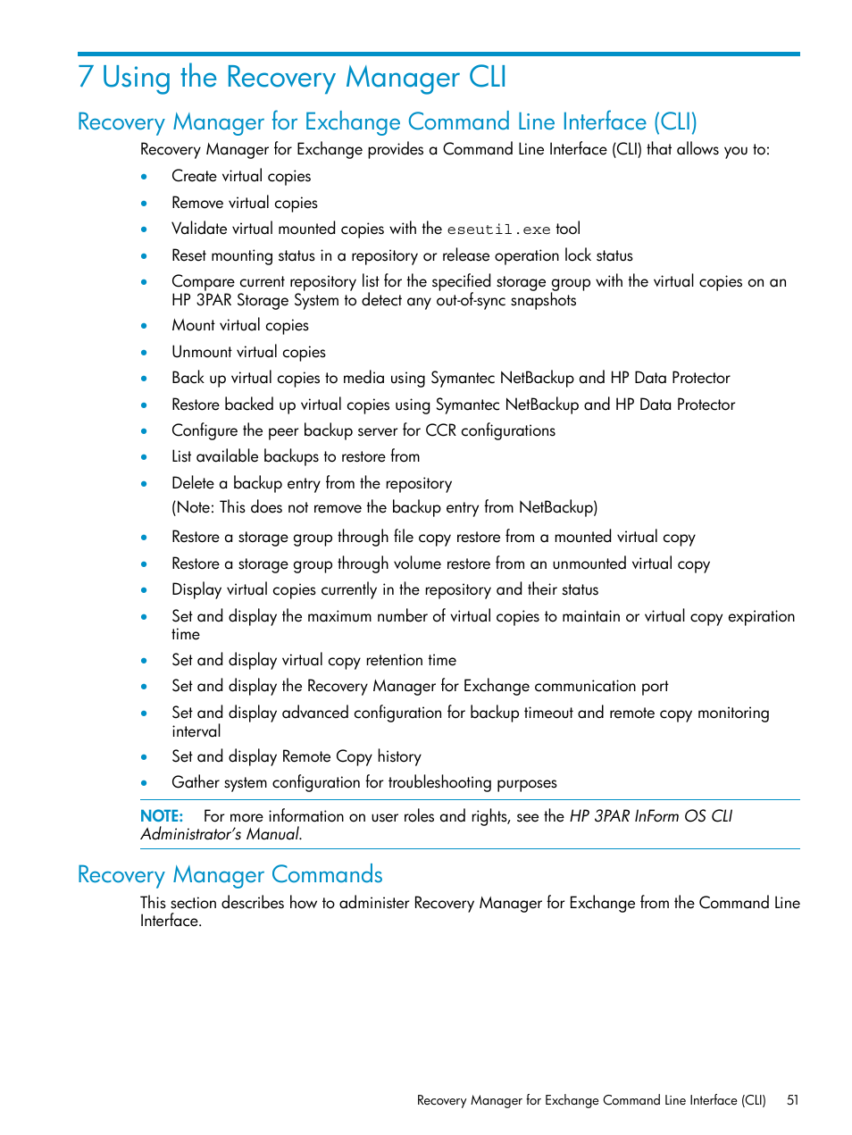 7 using the recovery manager cli, Recovery manager commands, Using the recovery | HP 3PAR Recovery Manager Software for VMware vSphere Licenses User Manual | Page 51 / 119