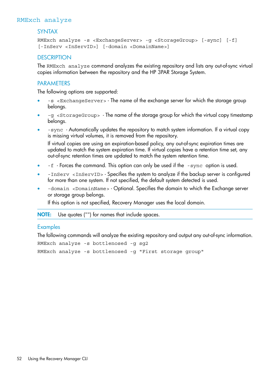 Rmexch analyze | HP 3PAR Recovery Manager Software for VMware vSphere Licenses User Manual | Page 52 / 119