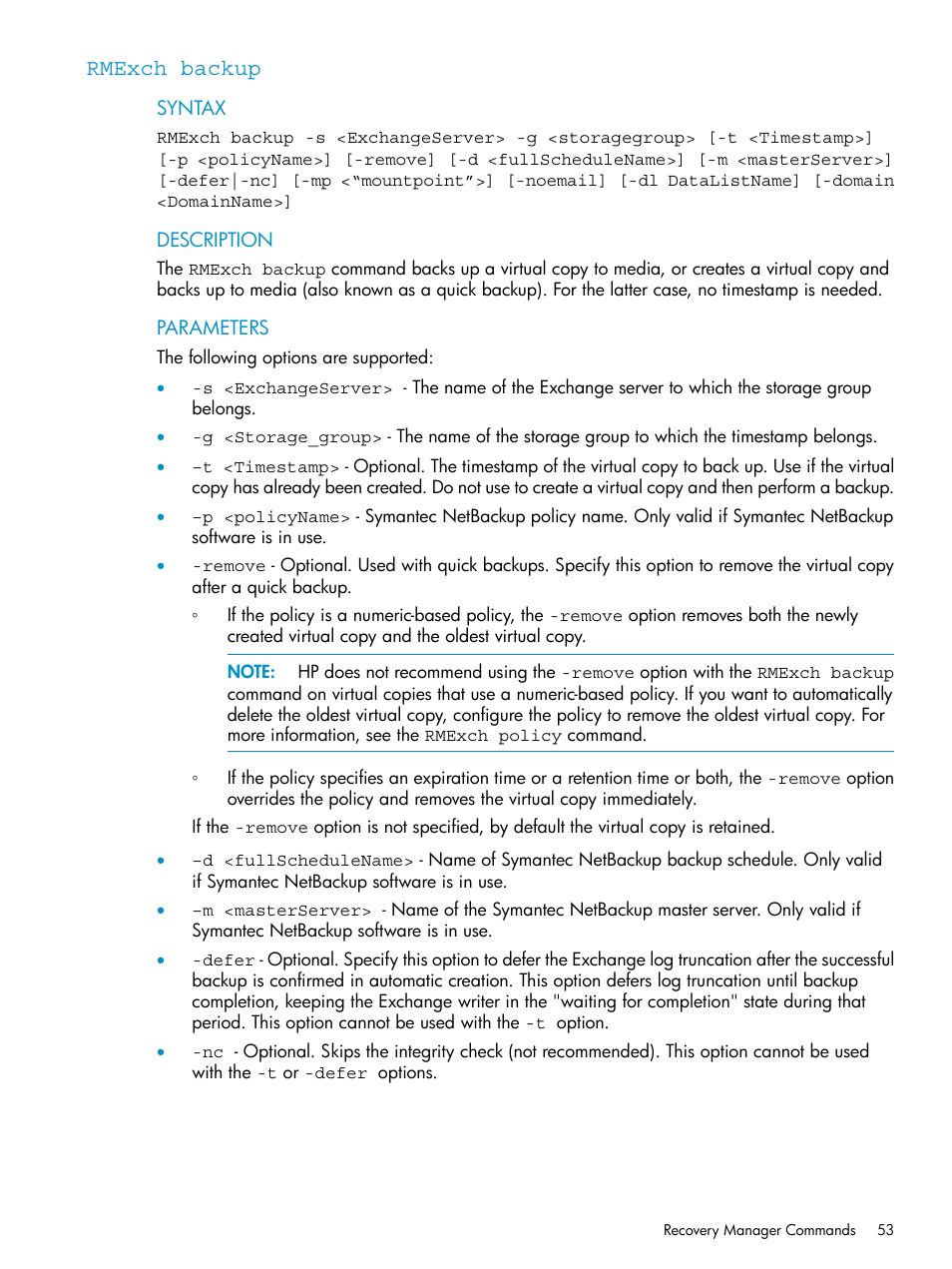 Rmexch backup | HP 3PAR Recovery Manager Software for VMware vSphere Licenses User Manual | Page 53 / 119