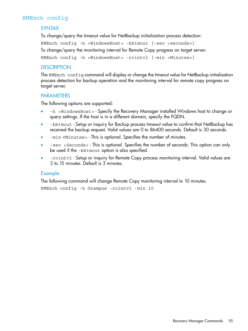 Rmexch config | HP 3PAR Recovery Manager Software for VMware vSphere Licenses User Manual | Page 55 / 119