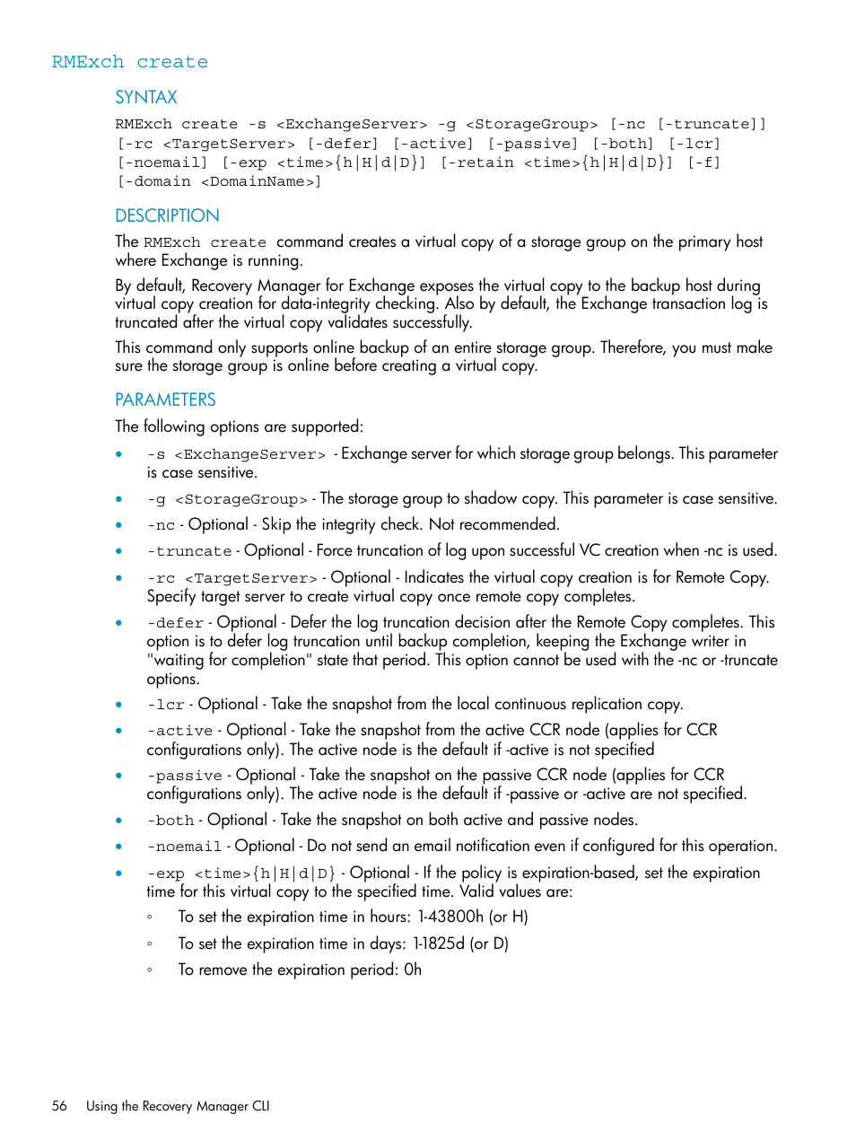 Rmexch create | HP 3PAR Recovery Manager Software for VMware vSphere Licenses User Manual | Page 56 / 119