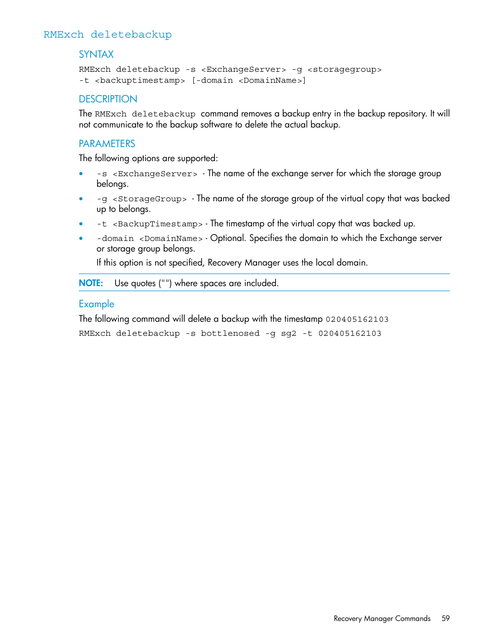 Rmexch deletebackup | HP 3PAR Recovery Manager Software for VMware vSphere Licenses User Manual | Page 59 / 119