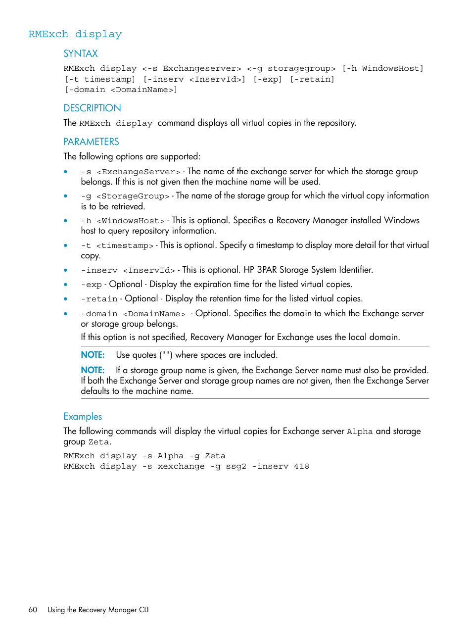 Rmexch display | HP 3PAR Recovery Manager Software for VMware vSphere Licenses User Manual | Page 60 / 119