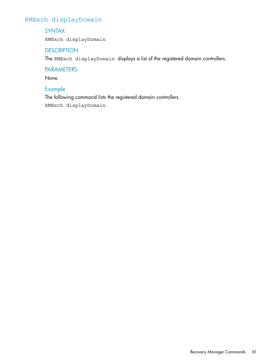 Rmexch displaydomain | HP 3PAR Recovery Manager Software for VMware vSphere Licenses User Manual | Page 61 / 119