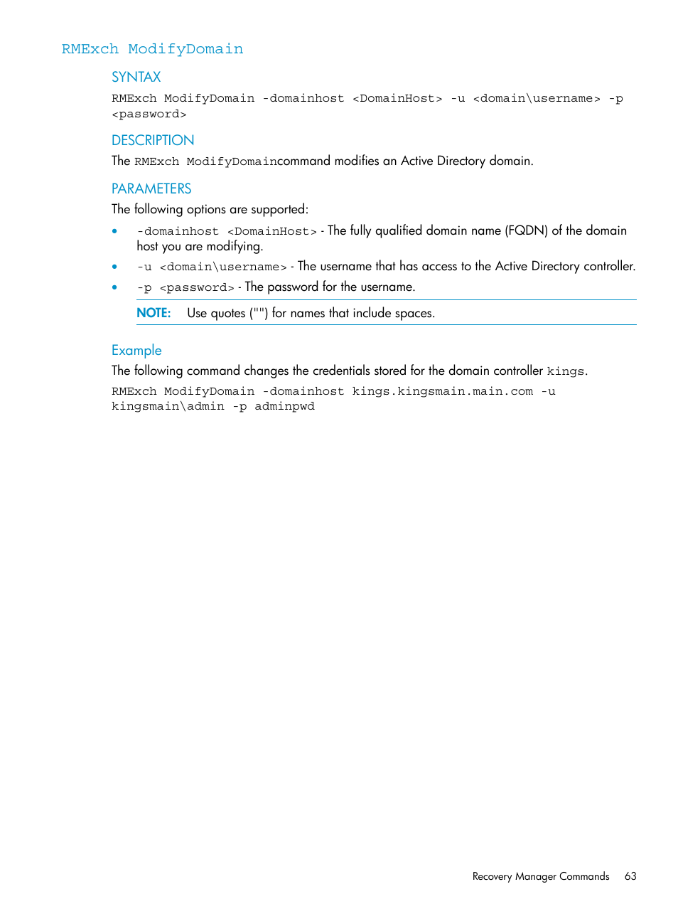 Rmexch modifydomain, Rmexch, Modifydomain | HP 3PAR Recovery Manager Software for VMware vSphere Licenses User Manual | Page 63 / 119