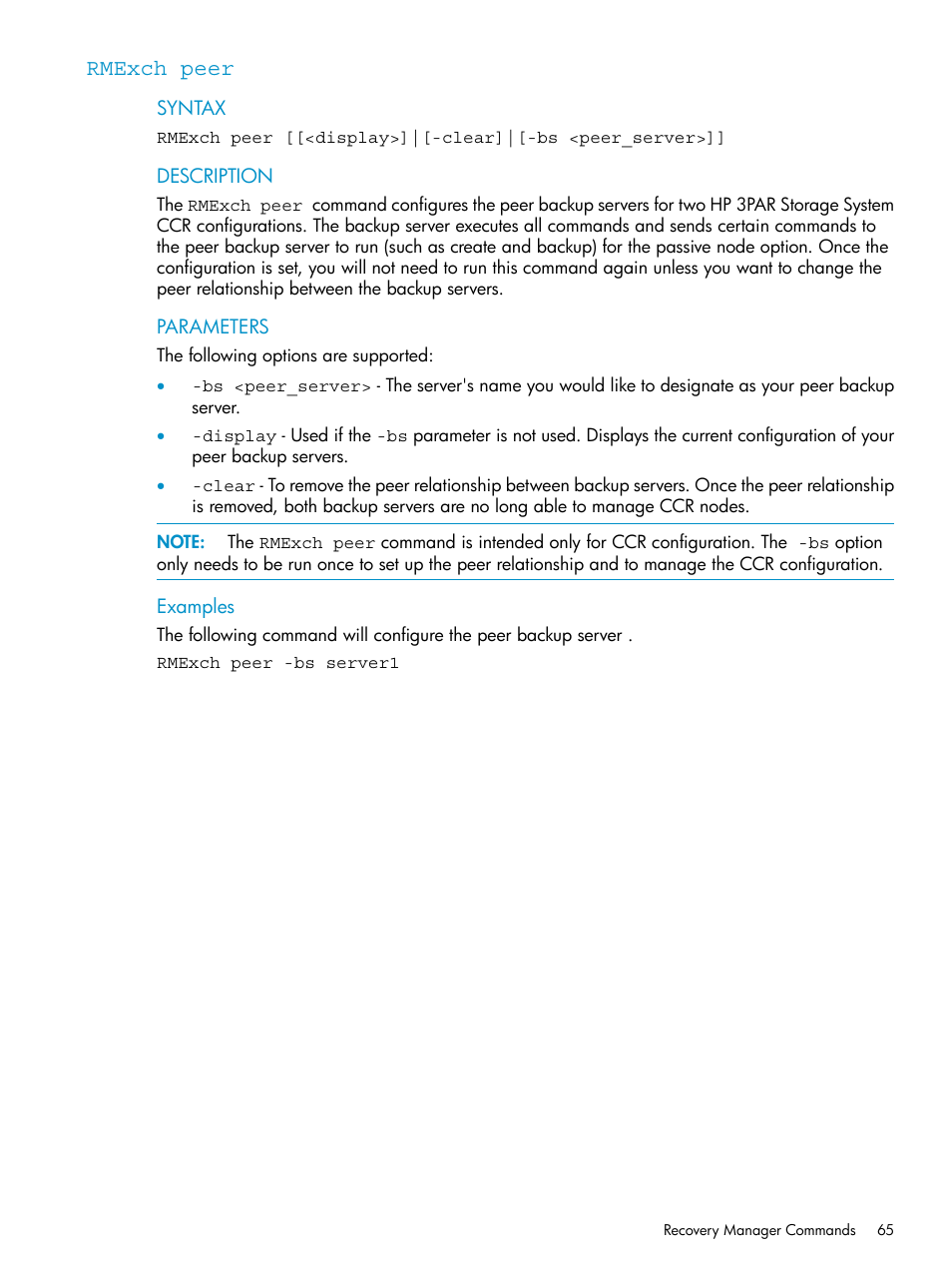 Rmexch peer | HP 3PAR Recovery Manager Software for VMware vSphere Licenses User Manual | Page 65 / 119