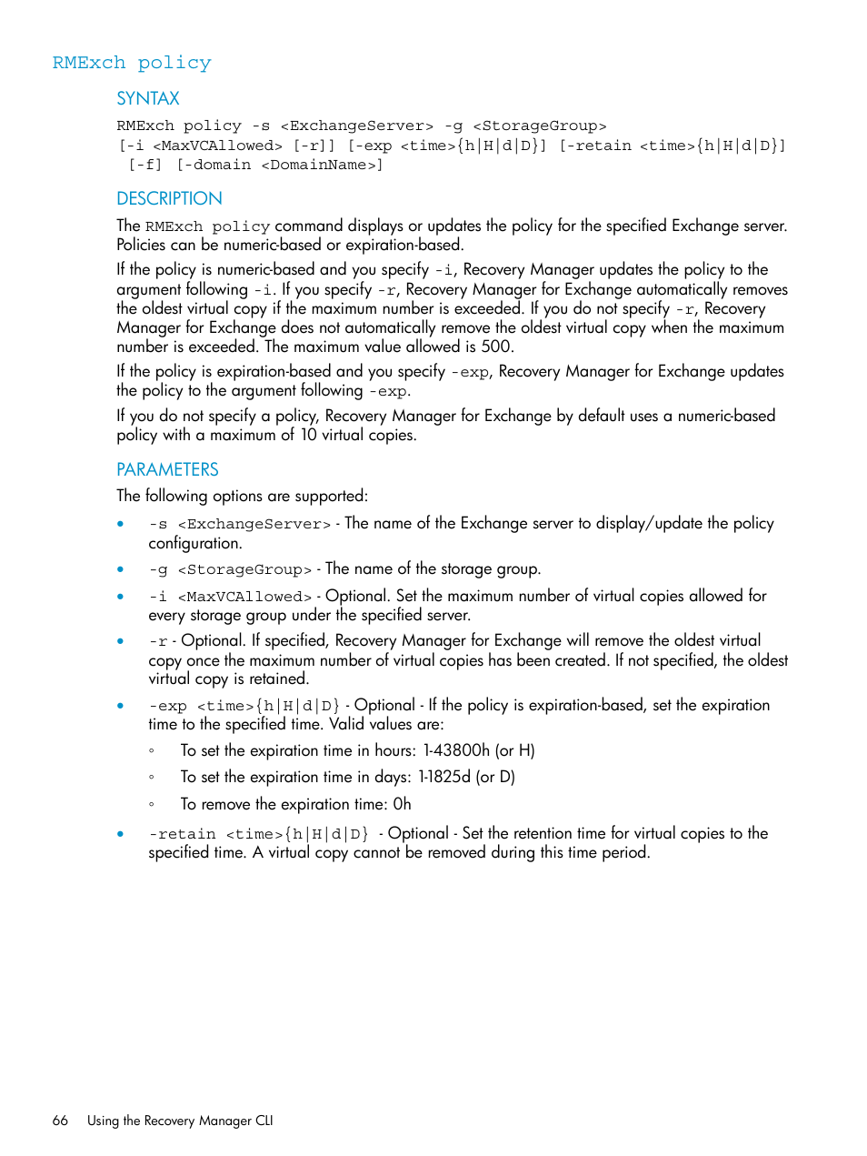 Rmexch policy | HP 3PAR Recovery Manager Software for VMware vSphere Licenses User Manual | Page 66 / 119