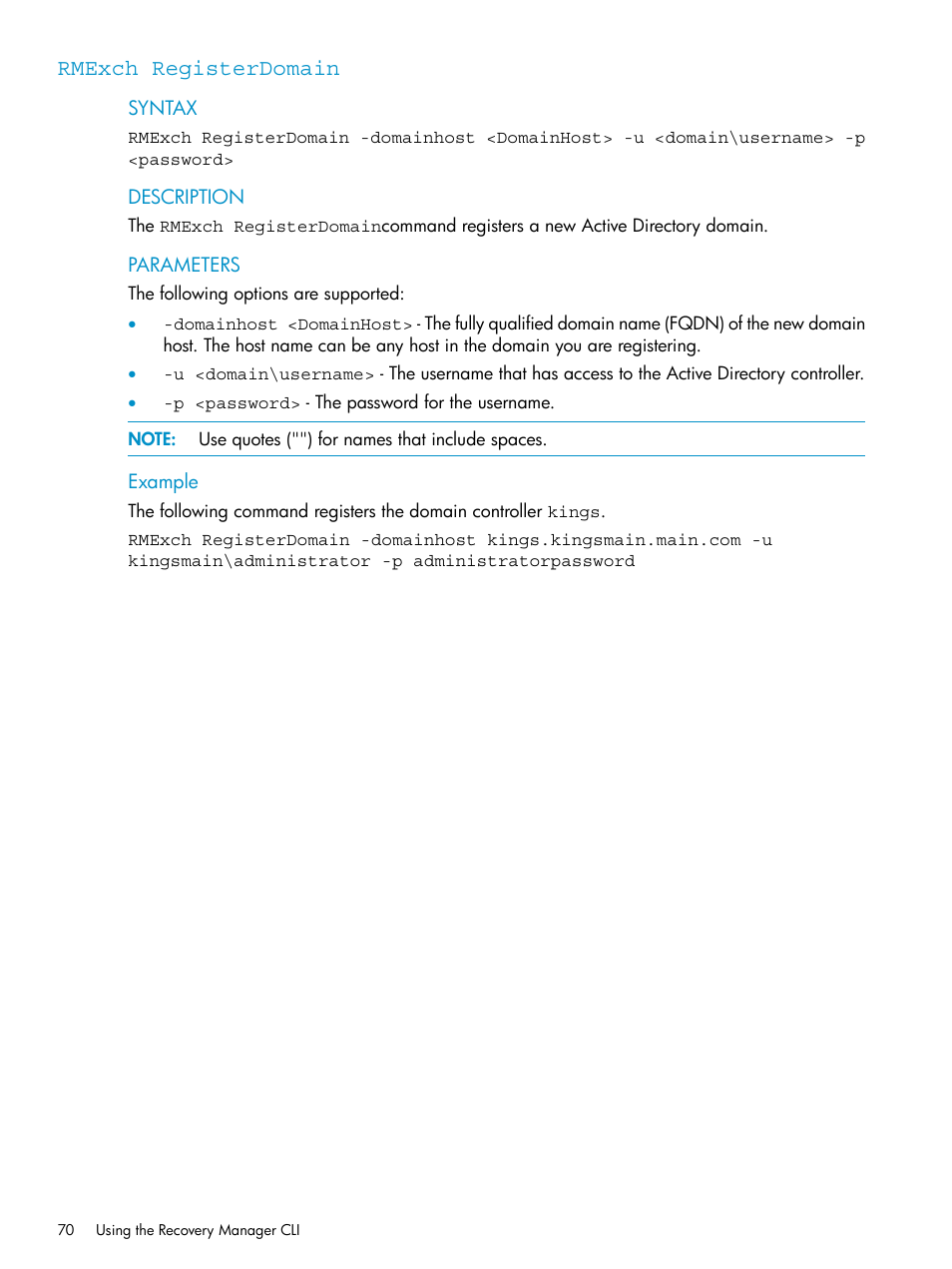 Rmexch registerdomain, Rmexch, Registerdomain | HP 3PAR Recovery Manager Software for VMware vSphere Licenses User Manual | Page 70 / 119