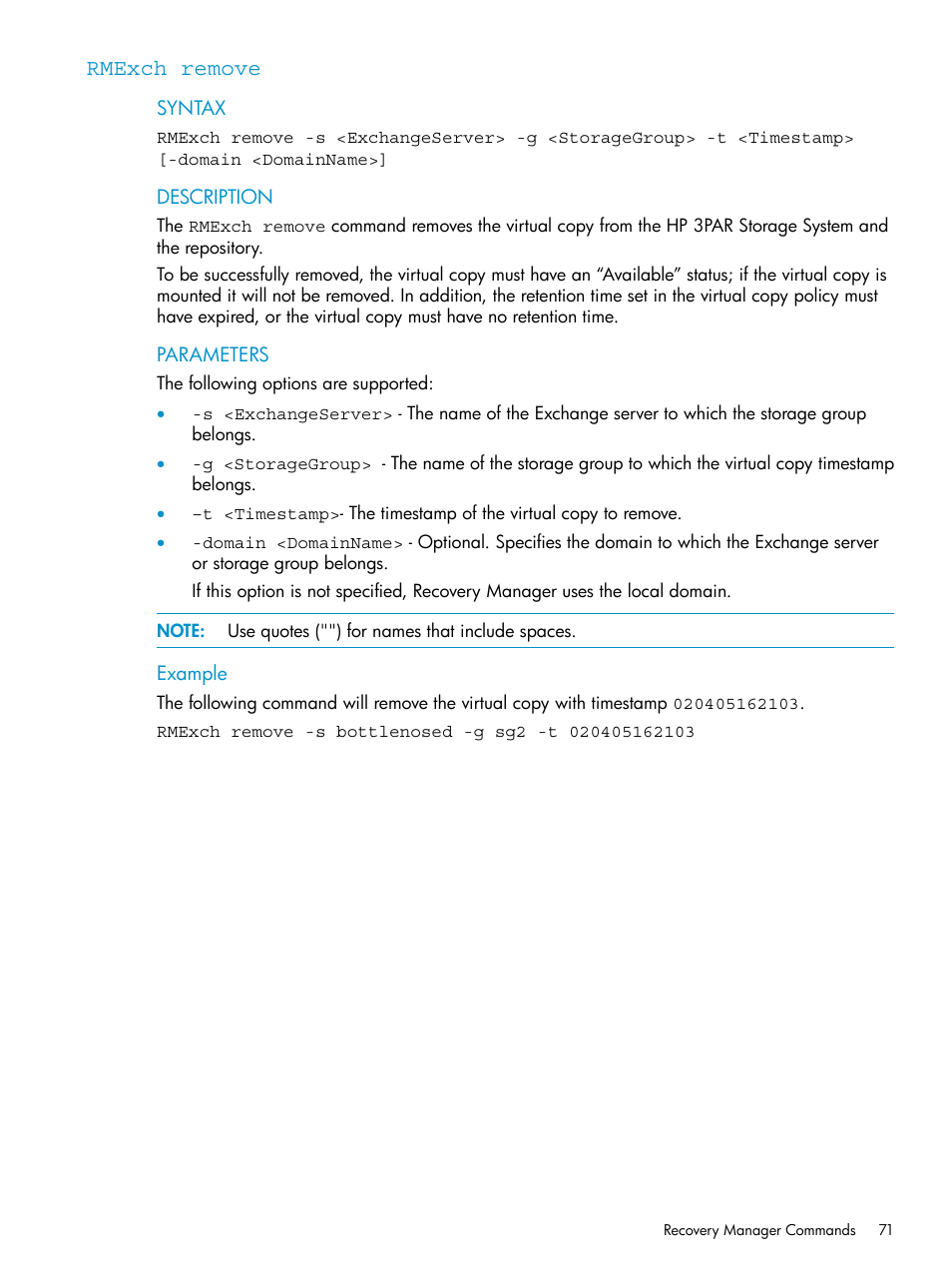 Rmexch remove | HP 3PAR Recovery Manager Software for VMware vSphere Licenses User Manual | Page 71 / 119