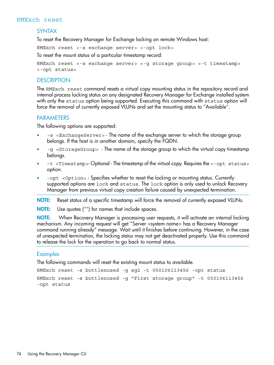 Rmexch reset | HP 3PAR Recovery Manager Software for VMware vSphere Licenses User Manual | Page 74 / 119
