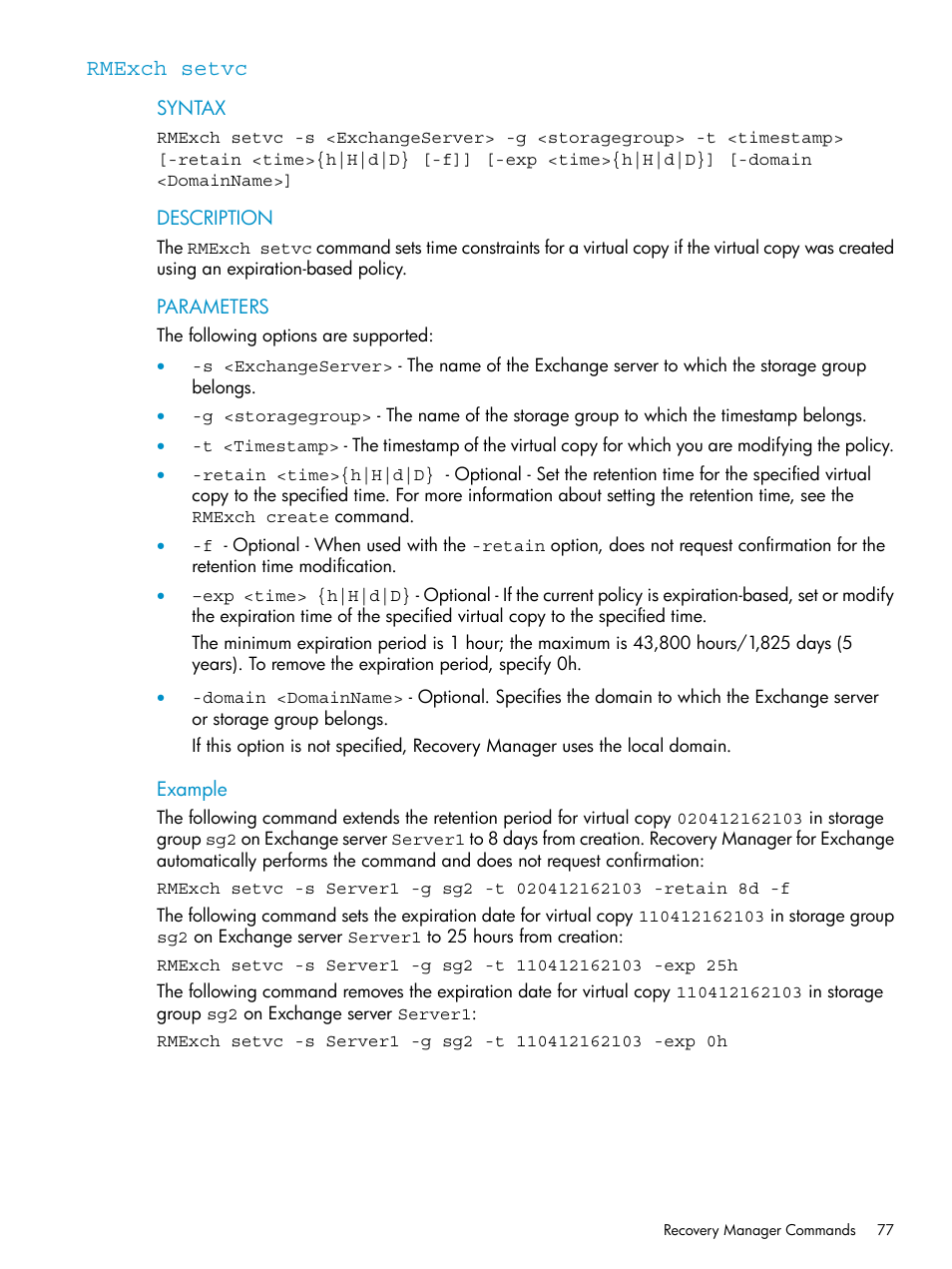 Rmexch setvc | HP 3PAR Recovery Manager Software for VMware vSphere Licenses User Manual | Page 77 / 119