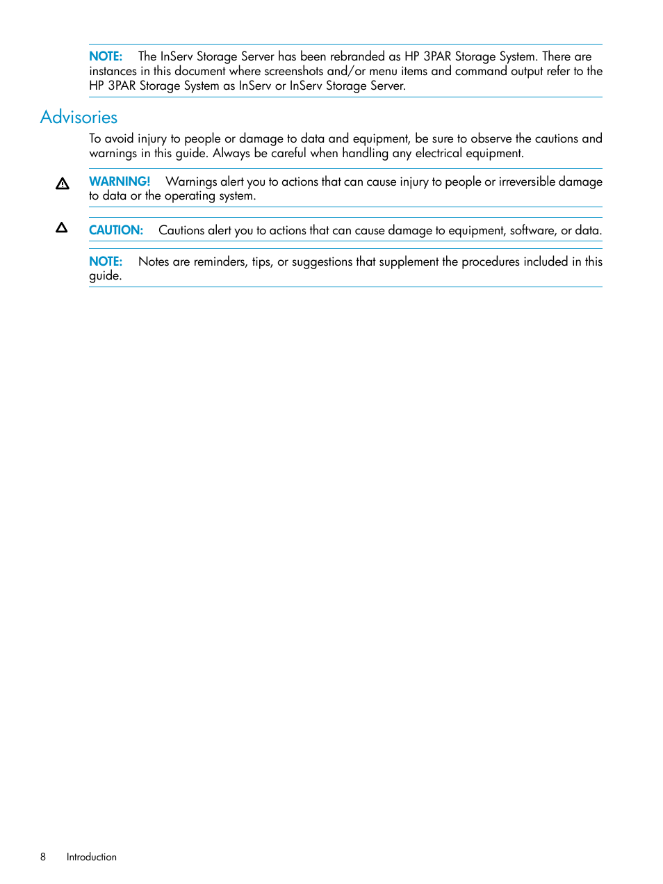 Advisories | HP 3PAR Recovery Manager Software for VMware vSphere Licenses User Manual | Page 8 / 119